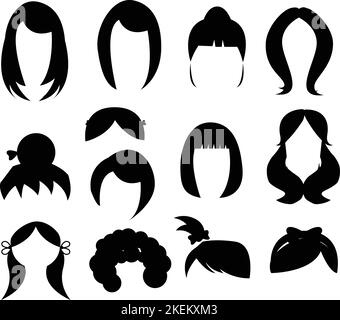 An editable set of illustrated silhouettes of hairstyles on a white background, a concept for salons Stock Vector