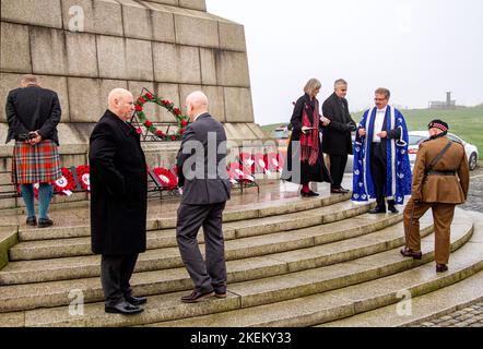 Dundee, Tayside, Scotland, UK. 13th Nov, 2022. Remembrance Day: Lord Provost Bill Campbell and city councillors are joined by a few Dundee residents, dignitaries, armed forces representatives, veterans, Police Scotland, and the Scottish Free Masons to remember Dundee men who died in World Wars I and II. The gathering took place around 12.20pm at the Law Hill monument, which is the highest and most central point in the city, where they laid poppy wreaths and observed a two-minute silence. Credit: Dundee Photographics/Alamy Live News Stock Photo