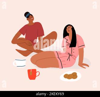 two girls are talking and drinking tea. Women friendship and communication. Flat vector illustration. Vector illustration Stock Vector