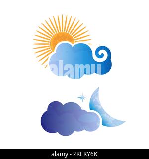 Sun and moon behind clouds, day and night textured Icons, vector illustration Stock Vector
