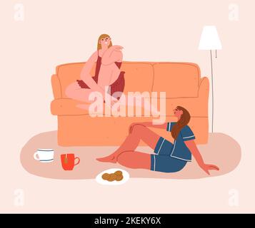two girls are talking sitting on the couch. Women friendship and communication. Flat vector illustration. Vector illustration Stock Vector