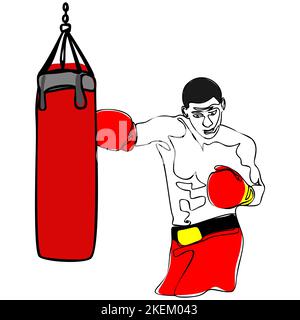 Male boxer boxing in punching bag vector illustration Stock Vector
