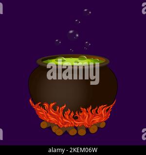 Cartoon vector witch cauldron with boiling potion of poison and bonfire Stock Vector