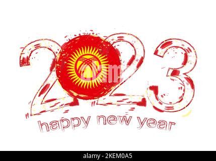 2023 Year in grunge style with flag of Kyrgyzstan. Holiday grunge vector illustration. Stock Vector