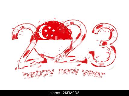 2023 Year in grunge style with flag of Singapore. Holiday grunge vector illustration. Stock Vector