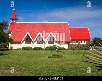 Side view of Notre Dame Auxiliatrice, a church at cap Malheureux in the northern part of Maurituis. Stock Photo