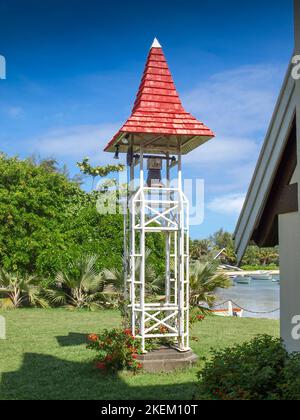 Bell tower of the church Notre Dame Auxiliatrice at cap Malheureux in the northern part of Mauritius. Stock Photo