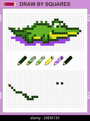 Draw crocodile by squares. Copy the picture. Game for kids. Stock Vector