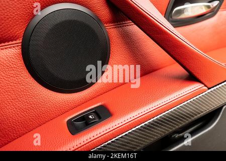 Speaker grill sport car interior detail Stock Photo