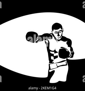 Silhouette of a muscular boxer black and white illustration Stock Vector
