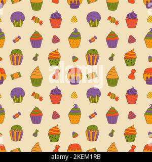 Cute halloween cupcakes seamless pattern. Halloween elements. Trick or treat concept. Stock Vector