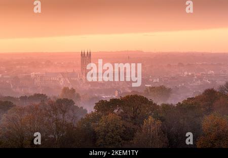 Canterbury Cathedral in the valley on a misty morning, Kent Stock Photo