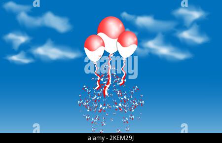 balloons floating in the sky, the clouds look bright with red and white balloons, good for Indonesia's independence day design Stock Vector