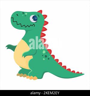 Cute cartoon dinosaur. Green smiling tyrannosaurus. Childrens print. Vector flat illustration. Stock Vector