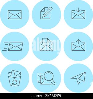 Mail and envelope icons. Vector set contains envelope, mail, compose letter, letter sending, inbox letter, searching letter and more Stock Vector