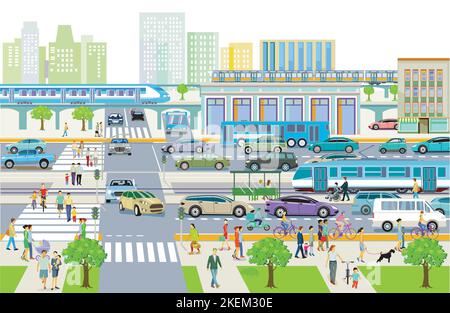 City silhouette with pedestrians in residential area and train station, road traffic, illustration Stock Vector