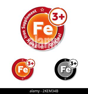 Ferrous iron supplement, round badge or label, modern looking metallic ...
