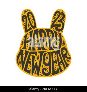 Happy New Year 2023 lettering in bunny silhouette, black and gold letters in rabbit symbol of the year isolated vector Stock Vector