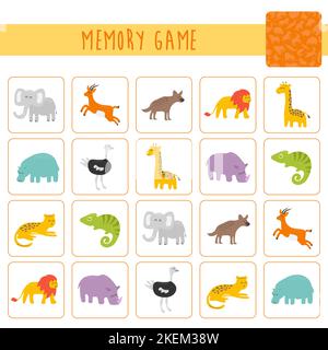 Memory game for preschool children, vector cards with african animals. Find two identical picture. Kids activity page for book. Stock Vector
