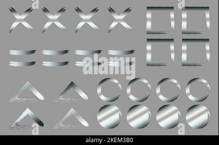 COLLECTION OF SILVER BRUSH AND CIRCLE STROKE, with assorted angular shapes, slightly dark background Stock Vector