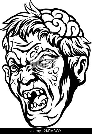 Scary Zombie Head monochrome Clipart vector illustrations for your work logo, merchandise t-shirt, stickers and label designs, poster, greeting cards Stock Vector