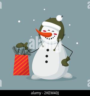christmas character cute snowman in hat and mittens with gift bag Stock Vector