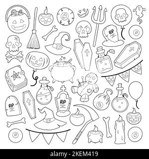 Halloween celebration and Witchcraft related objects. Collection of hand drawn, vector cartoon illustrations. Stock Vector