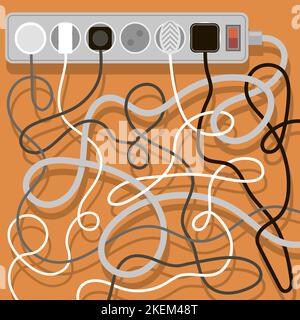 Electrical wires and chargers on orange background. A mess of cables from several extension cords. Cable management Stock Vector