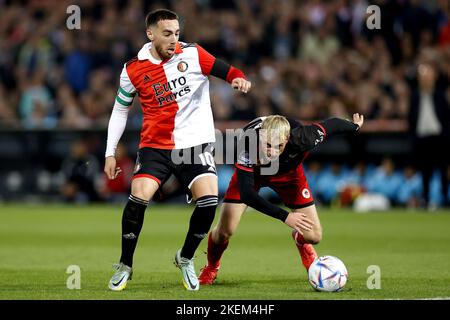 ROTTERDAM - (lr) Orkun Kokcu of Feyenoord, Joshua Eijgenraam or sbv Excelsior during the Dutch Eredivisie match between Feyenoord and Excelsior at Feyenoord Stadium de Kuip on November 13, 2022 in Rotterdam, Netherlands. ANP PIETER STAM DE YOUNG Stock Photo