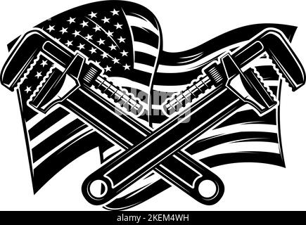 Illustration of crossed pipe wrenches on us flag background. Design element for poster, card, banner, sign. Vector illustration Stock Vector