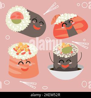Cheerful Japanese sushi with cartoon faces in Illustration Stock Vector