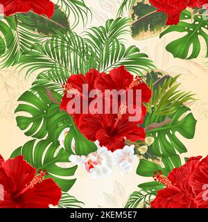 Seamless texture bouquet with tropical flowers  floral arrangement, with beautiful red hibiscus and orchid palm,philodendron and ficus vintage vector Stock Vector