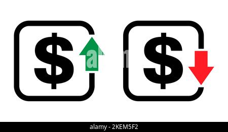 Set of cost symbol dollar increase and decrease icon. Money vector symbol isolated on background . Stock Vector