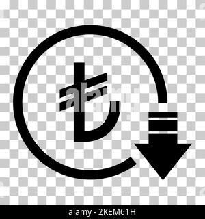 Cost reduction- decrease turkish lira icon. Vector symbol isolated on background . Stock Vector