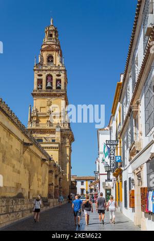 Cordoba, Cordoba Province, Andalusia, Spain.  Alminar tower of La Mezquita, The Great Mosque., seen along Calle Cardenal Herrero. The Historic Centre Stock Photo