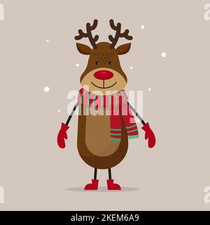 Christmas character cute deer in a warm striped scarf and mittens Stock Vector