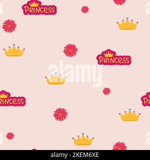 Little princess seamless pattern. Bright pink, gray, cream colors. Illustration of crowns. Stock Vector