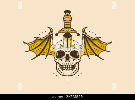 Vintage art illustration design of skull with wings and dagger Stock Vector