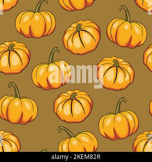 Seamless pattern with halloween pumpkins on color background. Scary and funny faces. Cute Pumpkin or ghost. Vector autumn holidays illustration Stock Vector