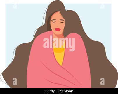 The concept of colds, flu, Severe cough. A young unhappy woman is sitting in a blanket and feels sick. The girl is sad. Stock Vector