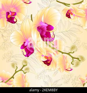 Seamless texture branches orchids yellow flowers  tropical plant Phalaenopsis  on a nature background   vintage vector botanical illustration for desi Stock Vector