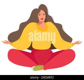 A happy girl meditates sitting in a lotus position on a natural background. A conceptual illustration for yoga, meditation, relaxation and a healthy l Stock Vector