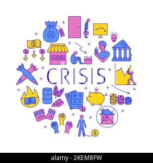 Financial crisis round poster in line style. Economics problems and ...