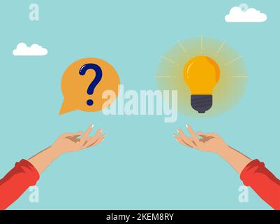 Question and answer, businessman hand holding question mark with other reply with lightbulb. solving problem or business solution. Stock Vector