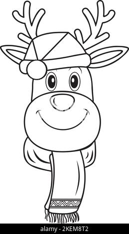 Christmas deer in a hat and scarf, black outline, coloring, doodle style, vector illustration. Stock Vector