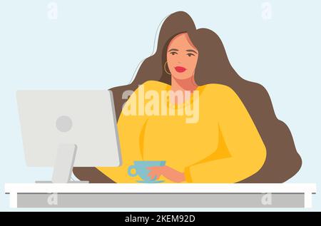 A happy girl with a laptop is sitting on a chair. Freelancing or learning a concept. Cute illustration in a flat style. Office. Stock Vector