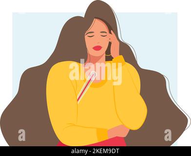A person in a fever with a high temperature as a symptom of flu, colds. A woman in a fever with a high fever. A person with covid19 symptoms. Stock Vector