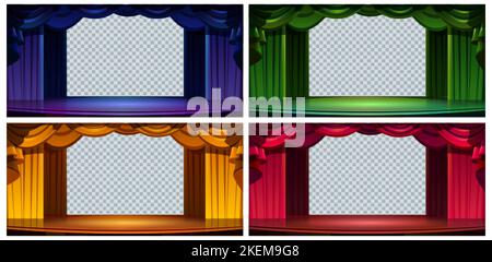 Stage curtains isolated set, empty frames of red, blue, green and yellow drapery for theater scene on transparent background. Luxury textile decor for Stock Vector