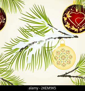 Seamless texture Christmas and New Year decoration yellow and red Christmas ornaments with golden hearts and crown and fir tree branch vintage vector Stock Vector