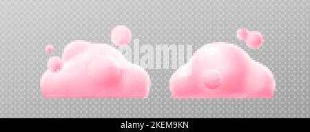 3d render pink clouds, fluffy spindrift or cumulus eddies. Flying weather and nature design elements balloons isolated on transparent background, illu Stock Vector